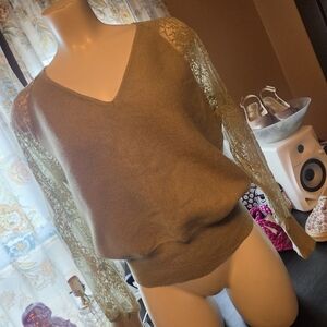 NWOT Lace-Sleeve V-Neck Sweater in Taupe
